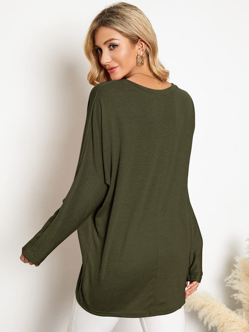 ZANZEA Women's Off The Shoulder Batwing Tops Casual Loose Oversized Tshirts Long Sleeve Fall Pullover Sweater Tops Army Green L - Image 4
